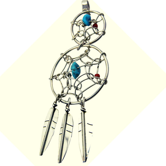 Sterling Silver Turquoise & Coral Pendant Dream Catcher Pendant by Navajo Artist - Picture 5 of 5